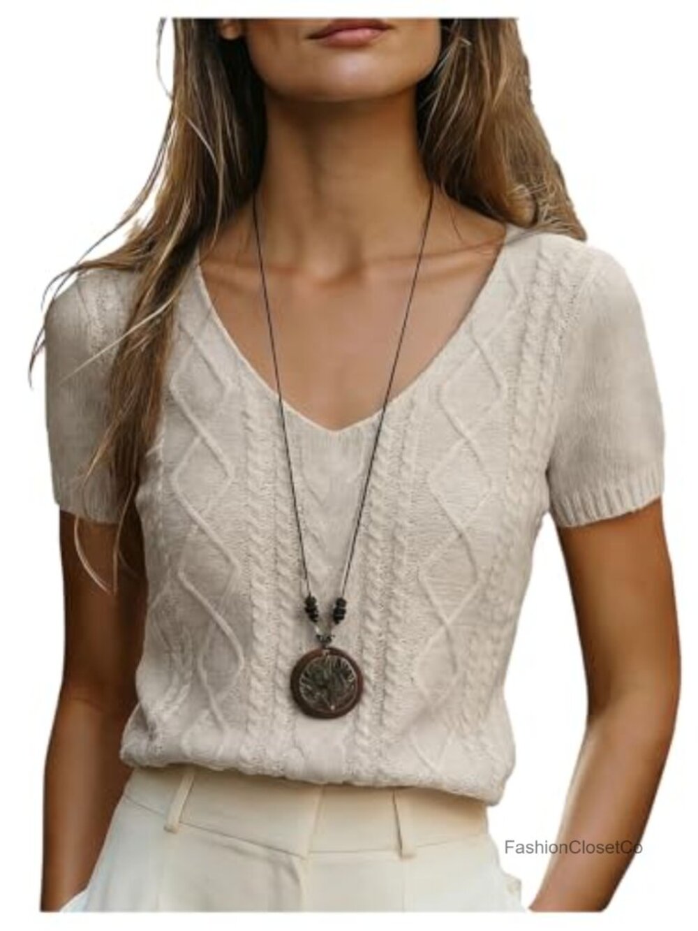 Women's V-Neck Short Sleeve Cable Knit Pullover Sweater Lightweight